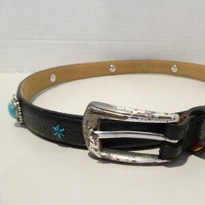 Brighton Belt Pebbled Leather Black Silver Medallions Size M 30 Red Hearts Blue